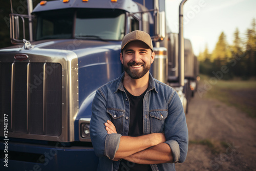 Young male truck driver standing in front of his truck. photo