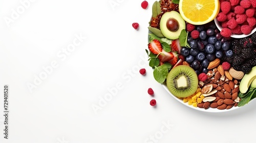 Healthy fresh fruit salad bowl on white background. Top view. Healthy food concept, healthy high vitamin fruit, mixed fruit and nuts background.