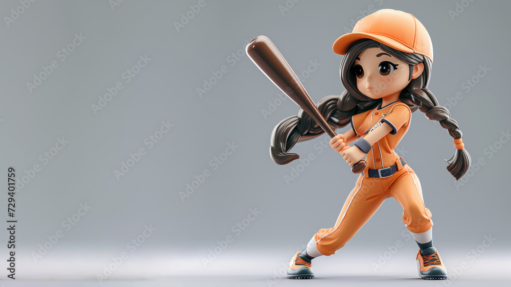 Obraz premium A woman cartoon baseball player in orange jersey with equipment