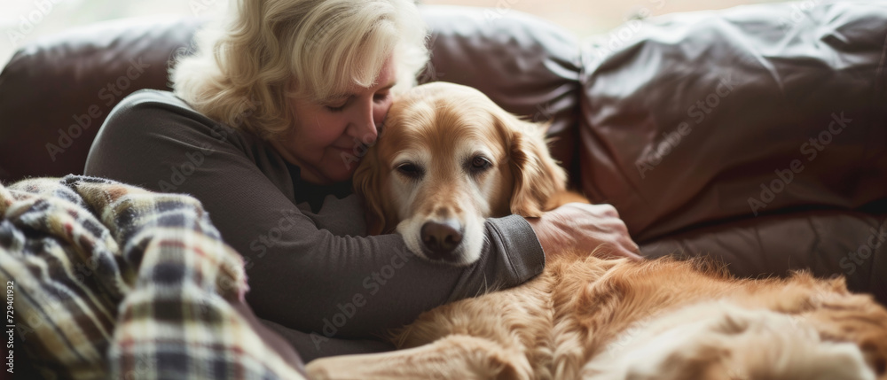 A tender moment of connection as an elderly woman embraces her loyal golden retriever, a warm comfort in a cozy setting A tender moment of connection as an elderly woman embraces her loyal golden retriever, a warm comfort in a cozy setting