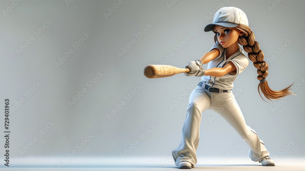 A woman cartoon baseball player in white jersey with equipment