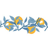 Seamless border of orange and blue branches with leaves and white flowers