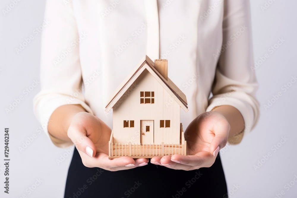 Woman holding wooden house model on white background. Real estate concept. Woman holding wooden house model on white background. Real estate concept.