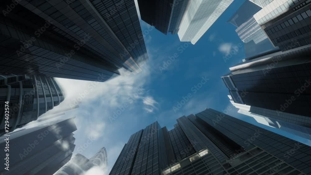 Low Angle View Of The Glass Mirrored Buildings. Business Center With View Of Barrel Roll, Zoom In
