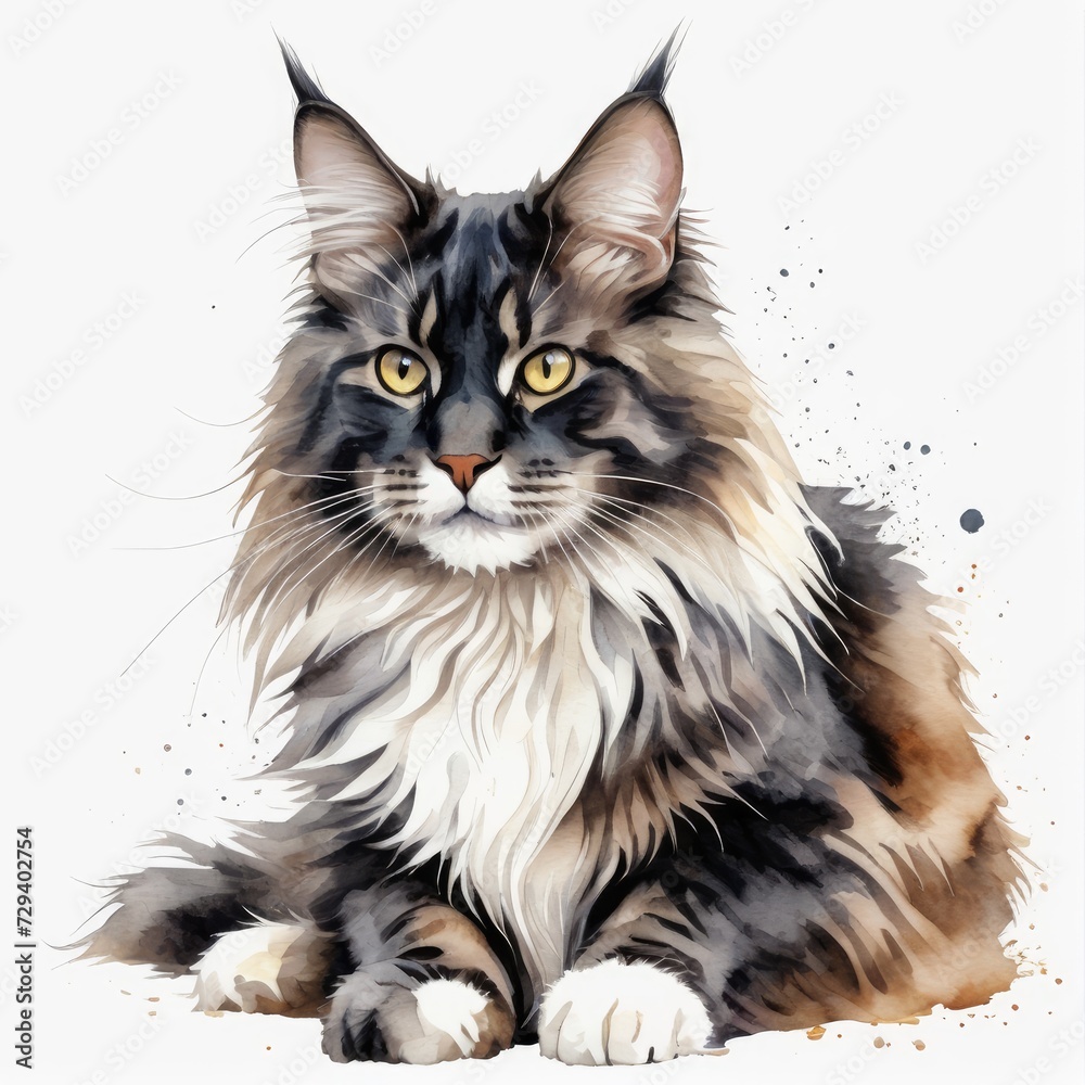 Watercolor black and white maine coon cat