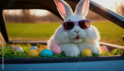 Cute Easter Bunny with sunglasses looking out of a car filed with easter eggs cinematic lights created with generative ai