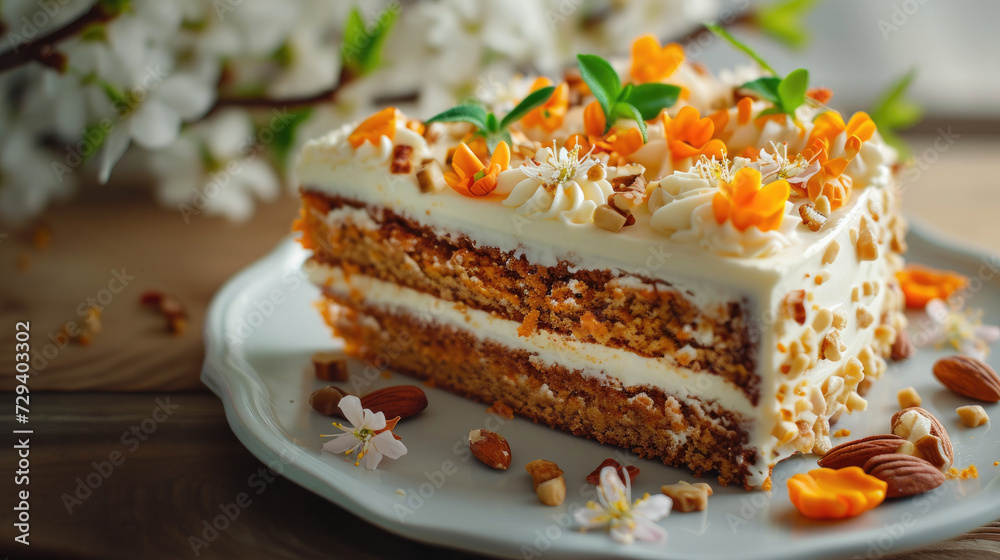 Slice of fresh homemade carrot cake, venetian carrot cake, Easter theme Slice of fresh homemade carrot cake, venetian carrot cake, Easter theme