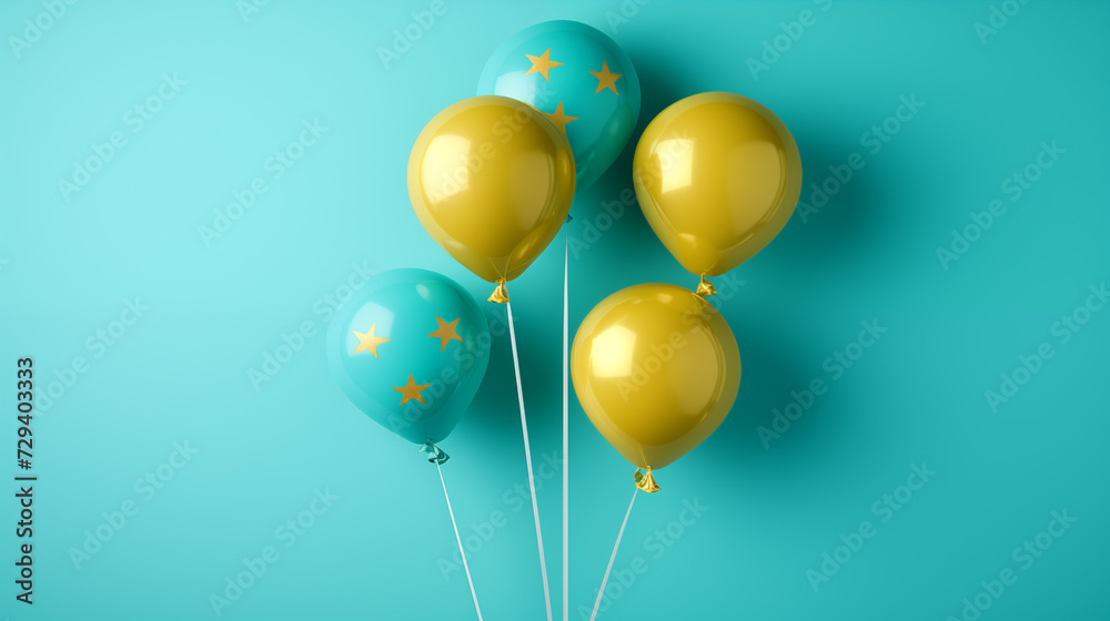Yellow and blue balloons with star floating against a turquoise backdrop. Background for anniversary, party and celebration. Yellow and blue balloons with star floating against a turquoise backdrop. Background for anniversary, party and celebration.