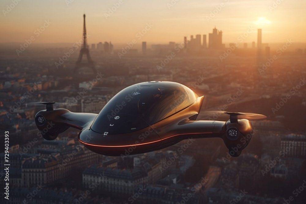 A small airplane gracefully soars through the vibrant evening sky over an Paris landscape. A small airplane gracefully soars through the vibrant evening sky over an Paris landscape.