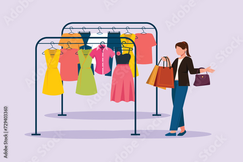 Happy people shopping at mall. Shopping concept. Colored flat vector illustration isolated.	
