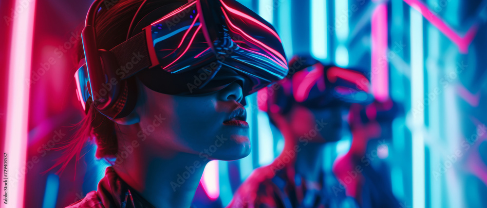 Obraz premium A futuristic vision of gaming, a woman in VR gear is illuminated by the vibrant hues of a digital world's immersive experience