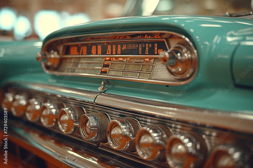 A detailed close-up view of an old-fashioned radio with its dials, buttons, and vintage design. - obrazy, fototapety, plakaty 