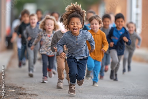 A lively group of children running joyfully down a bustling street.