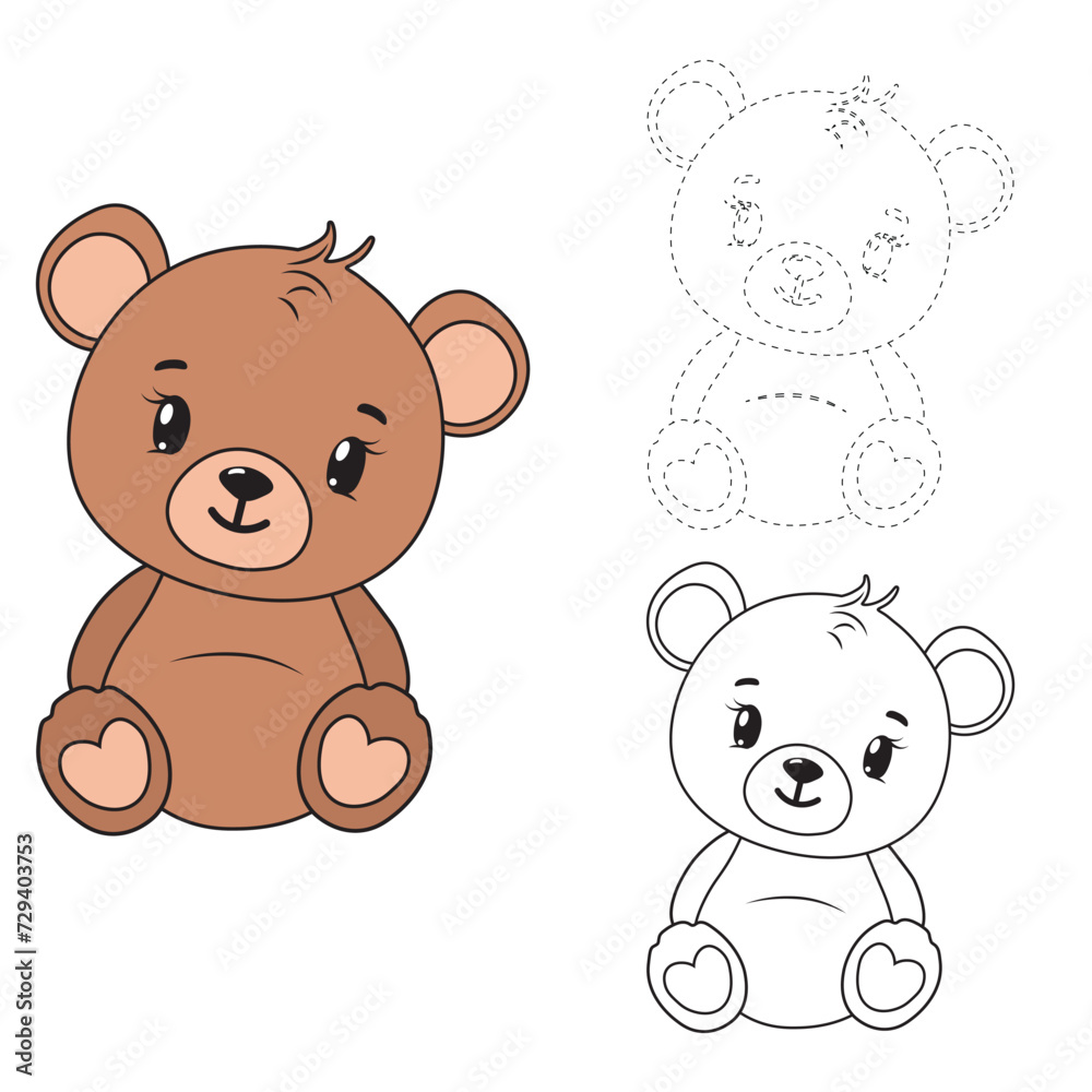 Teddy Bear Icon. Bear with outline. Funny Bear Tracing and Coloring Book with Example. Preschool worksheet for practicing and colors recognition skill. Vector Animal Cartoon Illustration for Children. Teddy Bear Icon. Bear with outline. Funny Bear Tracing and Coloring Book with Example. Preschool worksheet for practicing and colors recognition skill. Vector Animal Cartoon Illustration for Children.