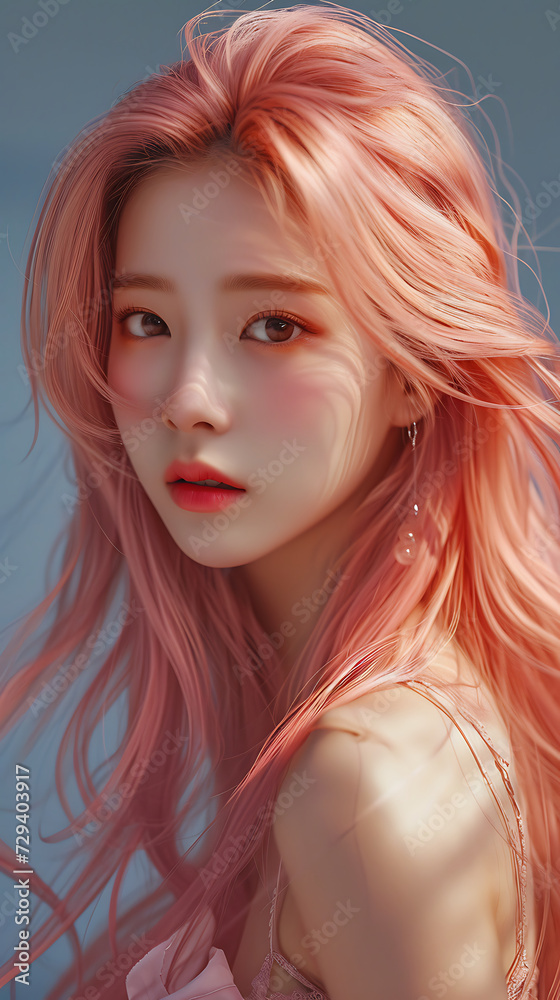 Beautiful pink long hair korean model AI generated photography