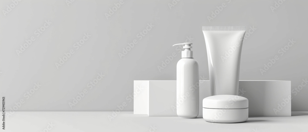 Pristine skincare products on a white display, an inviting showcase of beauty and personal care essentials Pristine skincare products on a white display, an inviting showcase of beauty and personal care essentials