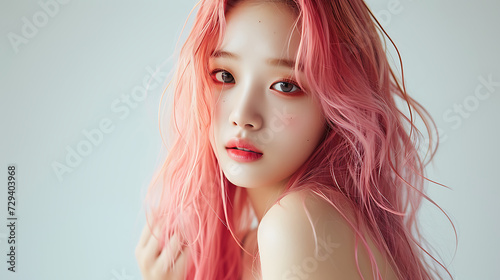 Beautiful pink long hair korean model AI generated photography photo