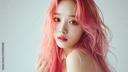 Beautiful pink long hair korean model AI generated photography