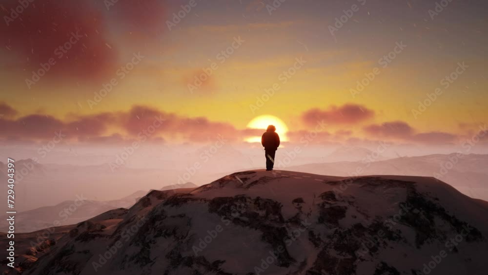 A Person Standing On Top Of A Snow Covered Mountain With A Sunset In The Background. Cold Snowy Landscape Aerial View, Unreal 4K A Screenshot
A Person Standing On Top Of A Snow Covered Mountain With A Sunset In The Background. Cold Snowy Landscape Aerial View, Unreal 4K A Screenshot