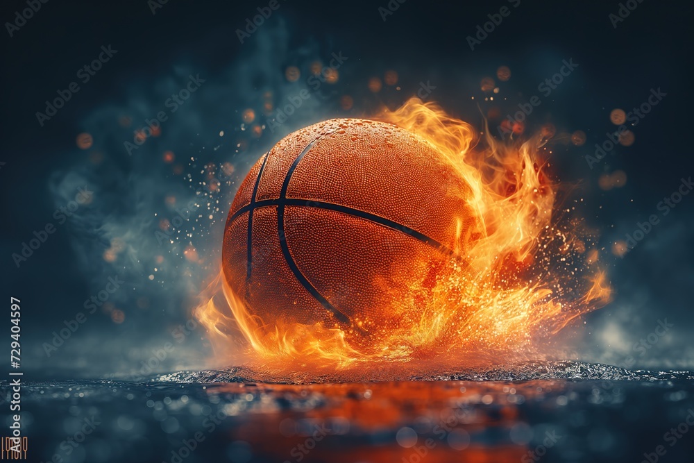 Fototapeta premium A basketball engulfed in flames stands out against a dark background.