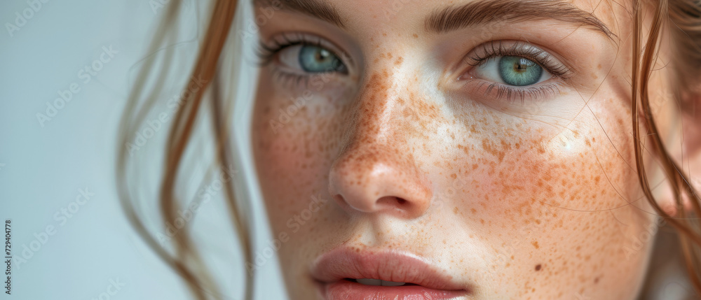 A close-up of a freckled woman, her gaze reflecting a natural, unspoken elegance