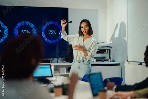 Portrait of an asian chinese woman boss holding a meeting in a modern office