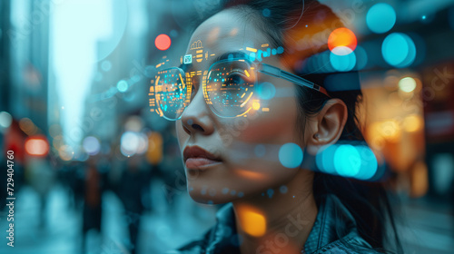 Smart glasses. A woman experiences augmented reality through smart glasses, with digital information overlays, on a bustling city street at twilight.