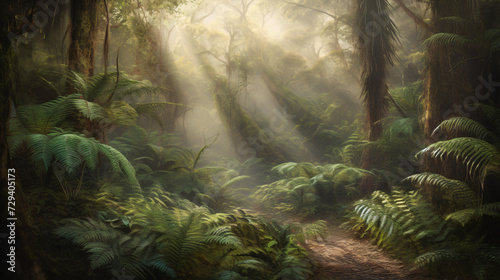 lush fern forest bathed in the soft light of sunrise