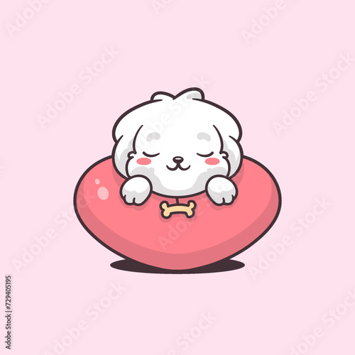 Cute Maltese puppy sleeping in a heart shaped pillow vector illustration