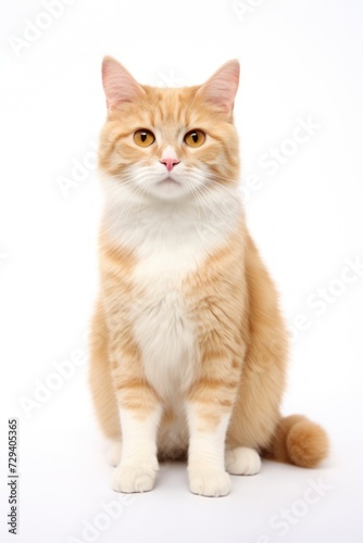A cat sitting on white background looking at the camera.