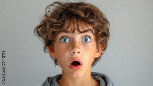 Portrait surprise face, Portrait of an amazed boy with an open mouth and round big eyes, astonished expression, Looking camera. White background.