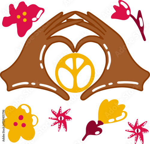 Groovy hippie 70s set. Funny cartoon flower, rainbow, peace, Love, heart. Sticker pack in trendy retro psychedelic cartoon style
