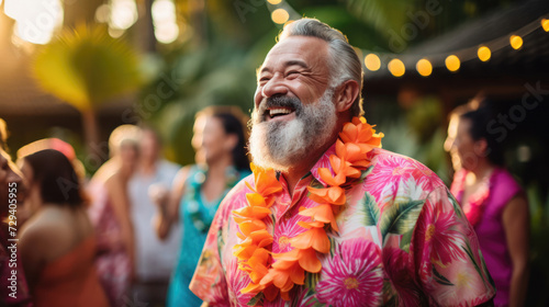 Guests in Hawaiian shirts and leis at a luau celebration photo