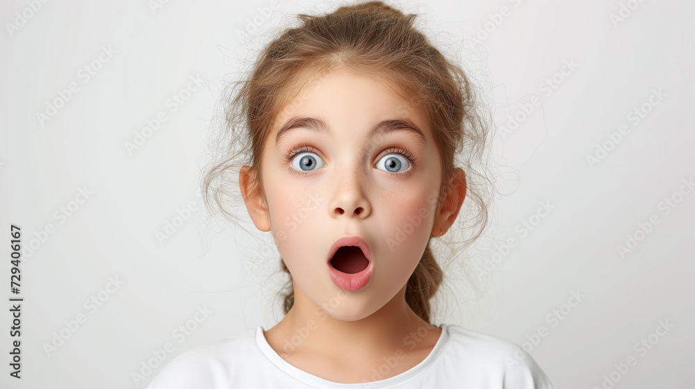 Portrait surprise face, Portrait of an amazed girl with an open mouth and round big eyes, astonished expression, Looking camera. White background. Portrait surprise face, Portrait of an amazed girl with an open mouth and round big eyes, astonished expression, Looking camera. White background.