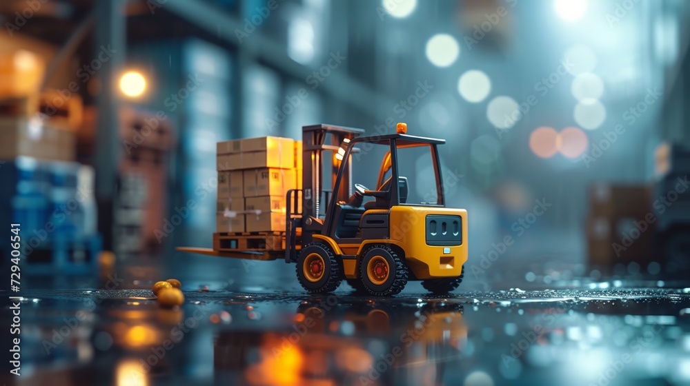 Miniature forklift moving boxes in a dimly lit warehouse environment Miniature forklift moving boxes in a dimly lit warehouse environment