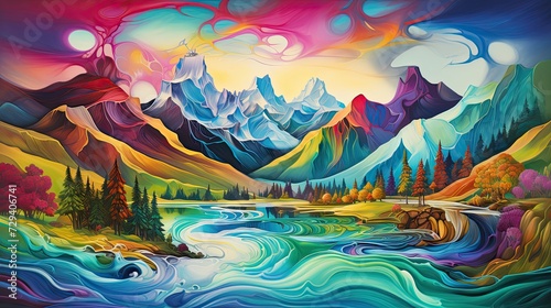 Conjure an abstract mountainous landscape  a fusion born from the minds of various visionary artists. Picture the undulating peaks and valleys inspired by the surrealist touches of Salvador Dal      whe