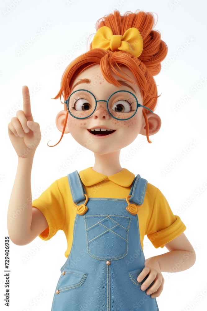 Portrait of excited smiling positive funny casual redhead cartoon girl in glasses wearing blue overalls yellow t-shirt pointing her finger showing you way. Portrait of excited smiling positive funny casual redhead cartoon girl in glasses wearing blue overalls yellow t-shirt pointing her finger showing you way.
