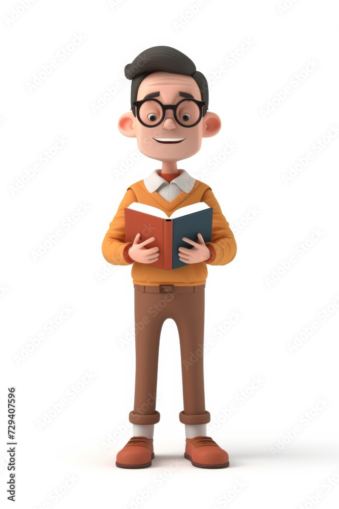 3d cartoon man standing with book illustration isolated on white background.