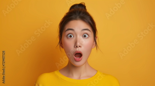 Portrait surprise face, Portrait of an amazed woman with an open mouth and round big eyes, astonished expression,  Looking camera. yellow background. © jirayut
