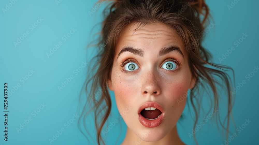 Portrait surprise face, Portrait of an amazed woman with an open mouth and round big eyes, astonished expression,  Looking camera. blue background.