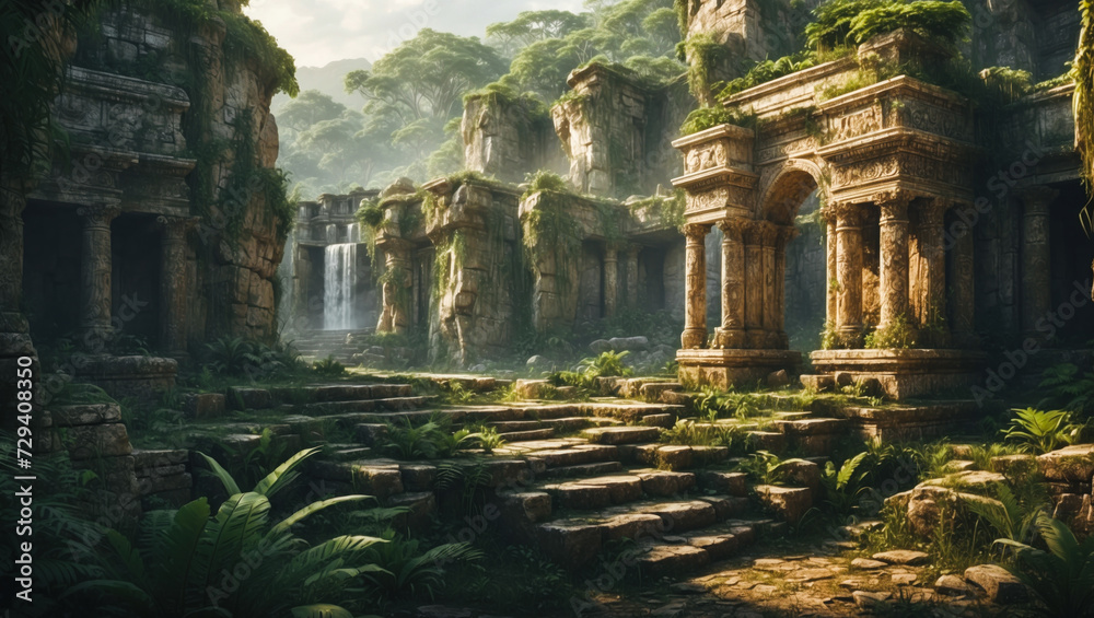 Obraz premium A surreal landscape, ancient Roman ruins emerge from the lush vegetation of the rainforest. ancient stones to intricately woven leaves, a combination of ancient and wild 