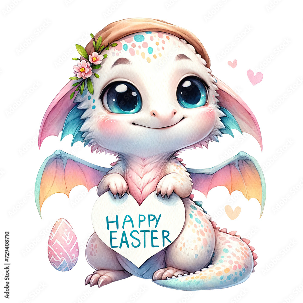 Obraz premium Watercolor cute dragon illustration. Easter Day, Happy Easter, PNG