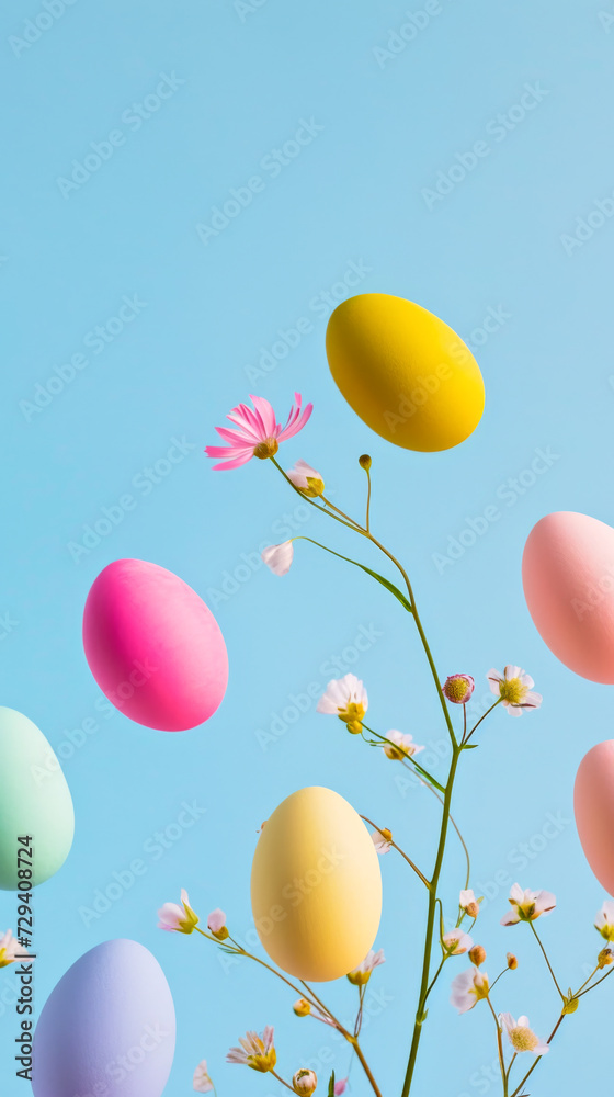 Floating Easter Eggs Over Spring Flowers. Easter background. Floating Easter Eggs Over Spring Flowers. Easter background.