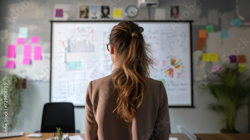 Startup presentation to investors: a detailed pitch highlighting business strategy, market potential, and financial plans using visuals on a whiteboard in a professional, engaging setting. photo