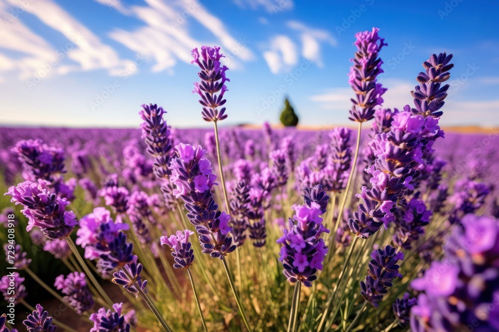 Obraz premium A captivating view of vibrant lavender flowers basking in the warm glow of the setting sun