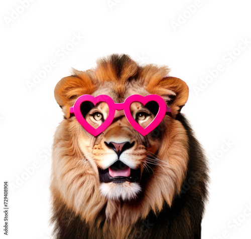 Banner. Lion in glasses in the shape of a heart  on a transparent background. Holiday element. Valentines Day.