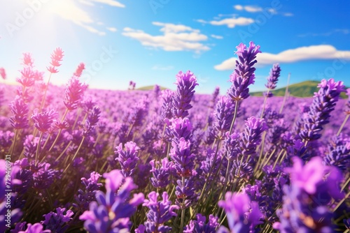 A captivating view of vibrant lavender flowers basking in the warm glow of the setting sun © pkproject