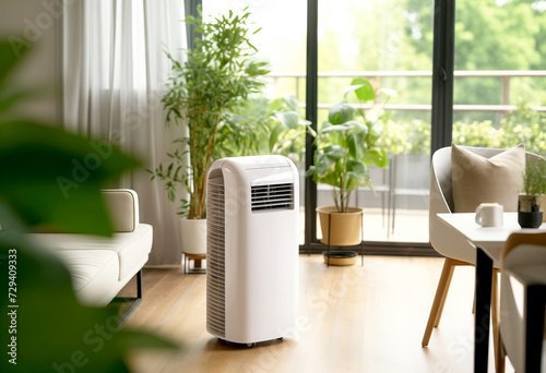 portable air conditioner in stylish Interior Living Space with Plants. Save energy and electricity concept photo