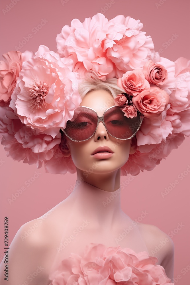 A stunning woman with a vibrant crown of pink flowers and petals, blending nature and fashion in an indoor display of artistry