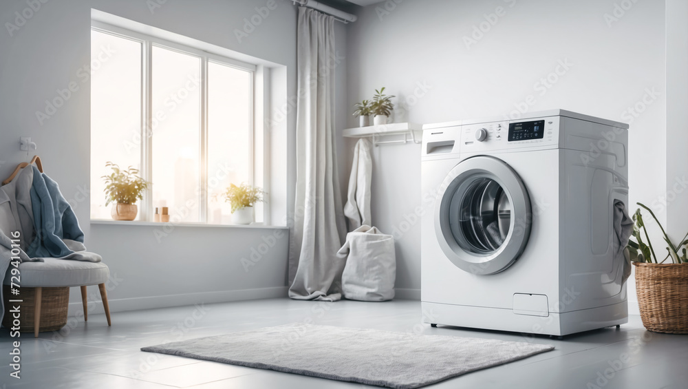 washing machine in a clean room with hud and flying clothes design as wide banner with copy space area - obrazy, fototapety, plakaty 